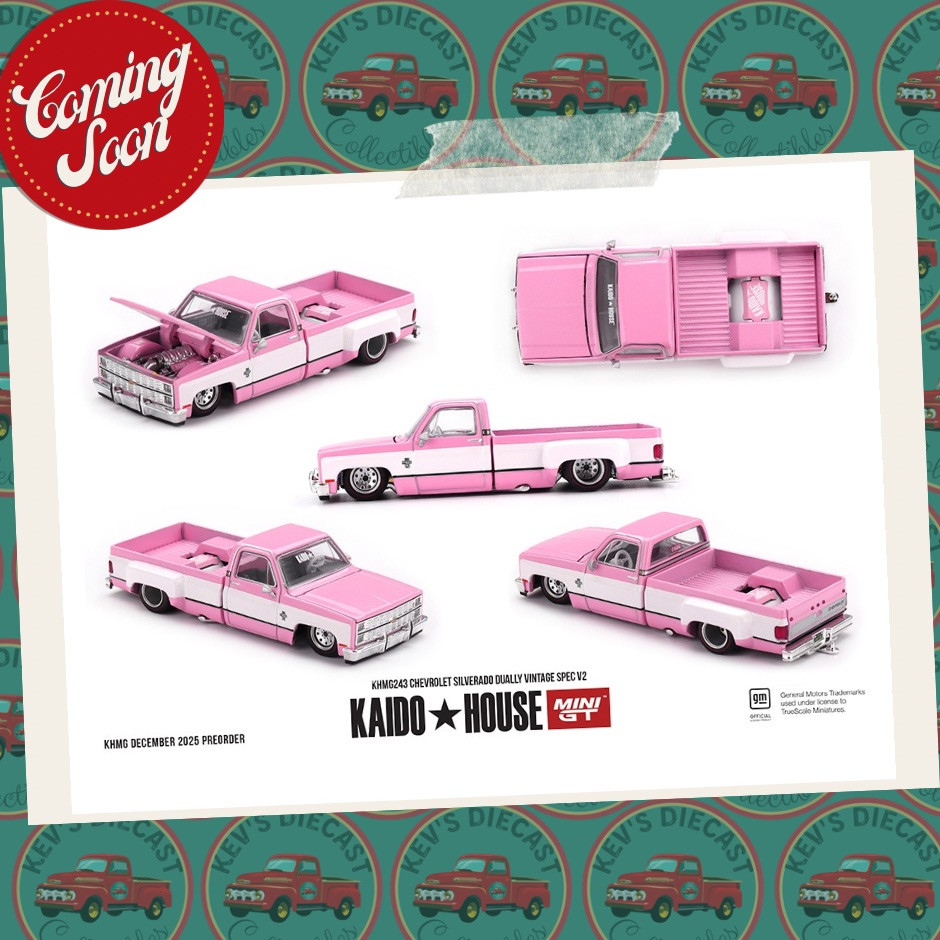 PREORDER: Kaido House x Mini GT Chevrolet Silverado Dually Vintage Spec V2 – Pink with White KHMG243 ETA AUGUST 