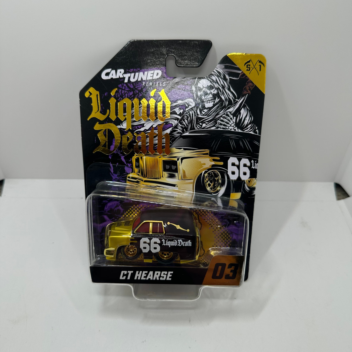 Car Tuned 1/64 Liquid Death CT Hearse Black/Gold Version Series 1 