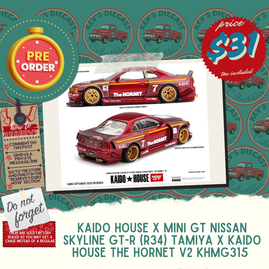 PREORDER: KAIDO HOUSE X MINI GT NISSAN SKYLINE GT-R (R34) TAMIYA X KAIDO HOUSE THE HORNET V2 KHMG315 