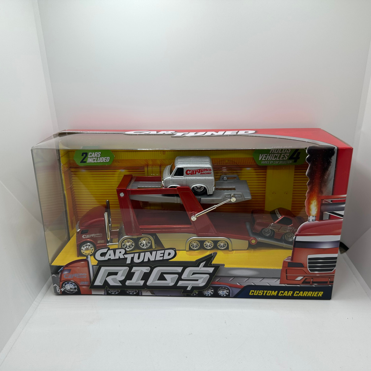 Car Tuned 1:64 Rigs Hauler Open Cars Transporter with 69 Pontiac GTO Judge & 79 GMC Vandura – Racing Set Series 2B