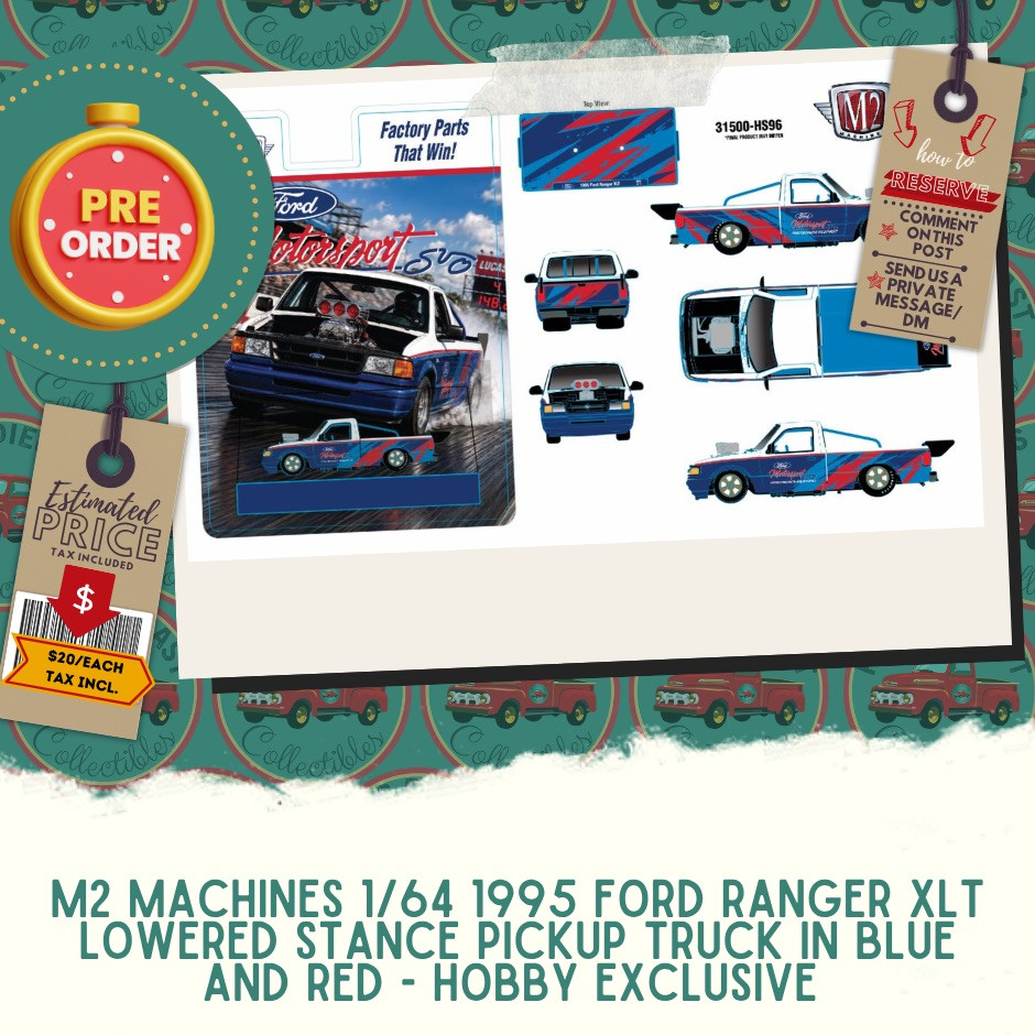 PREORDER: M2 Machines 1/64 1995 Ford Ranger XLT Lowered Stance Pickup Truck in Blue - Hobby Exclusive 