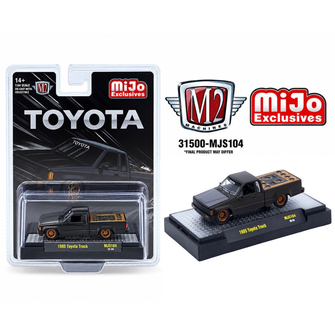 M2 Machines 1:64 1985 Toyota Pickup Truck Slammed Custom – Matte Grey w/ Carbon Hood – MiJo Exclusives