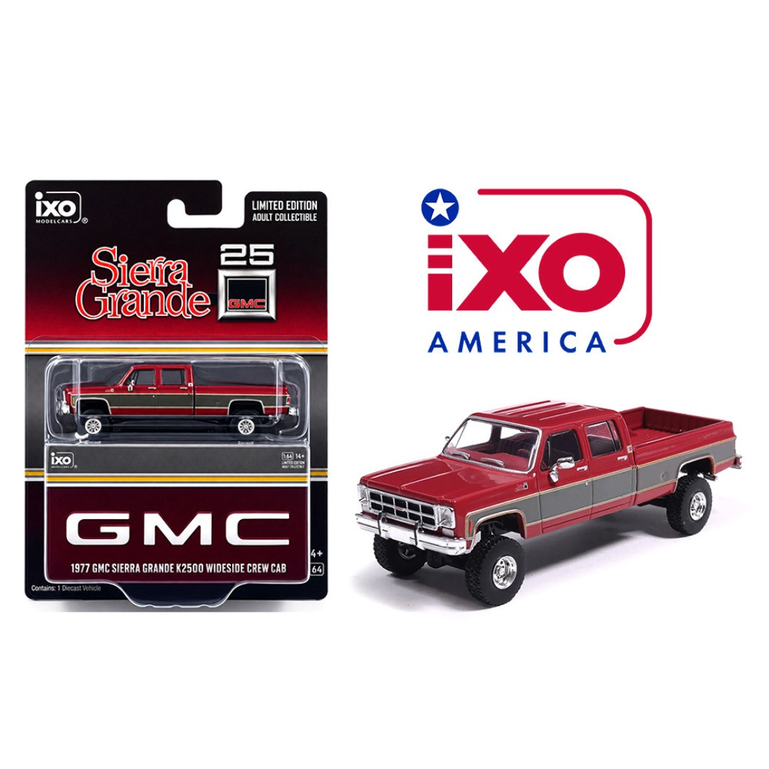 IXO Model 1:64 1977 GMC Sierra Grande K2500 Crew Cab Wideside – Dark Red Metallic and Silver Special Two-Tone – Lifted – Limited Edition