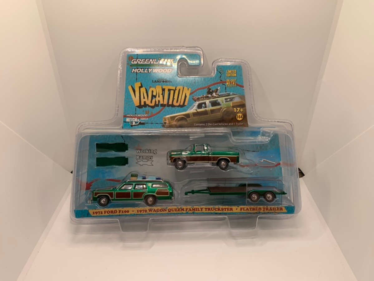 Greenlight Green Machine Hollywood Hitch & Tow National Lampoon’s Vacation 1972 Ford F100 & 1979 Wagon Queen Family Truckster With Flatbed Trailer Series 4 