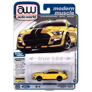 2023 Auto World Modern Muscle 2021 Ford Mustang Shelby GT500 Carbon Fiber Track Pack Grabber Yellow With Twin Upper Black Stipes Release 3A 