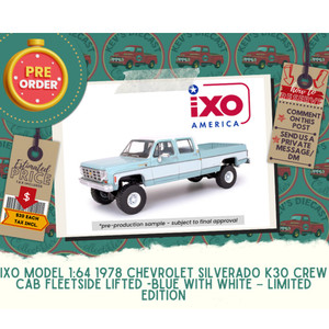 PREORDER: IXO Model 1:64 1978 Chevrolet Silverado K30 Crew Cab Fleetside Lifted -Blue with White – Limited Edition