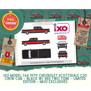 PREORDER: IXO Model 1:64 1979 Chevrolet Scottsdale C20 Crew Cab – Black w/ Red two Tone – Limited Edition – Mijo Exclusives