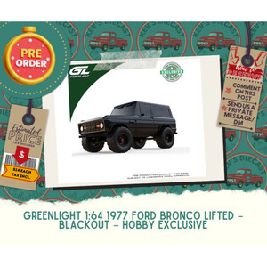 PREORDER: Greenlight 1:64 1977 Ford Bronco Lifted – Blackout – Hobby Exclusive