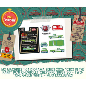 PREORDER: M2 Machines 1:64 Diorama Series 2026 “C10s In The Park” 1978 Chevrolet Cheyenne Super 30 – Two-Tone Green White – Mijo Exclusives