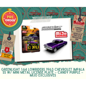 PREORDER: Greenlight 1:64 Lowriders 1963 Chevrolet Impala SS w/ Mini Metal License Plate – Candy Purple – Mijo Exclusives