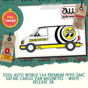 PREORDER: 2026 Auto World 1:64 Premium 1990 GMC Safari Cargo Van Mooneyes – White - Release 5B 