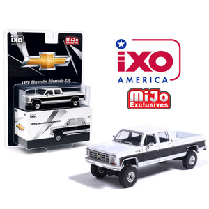 IXO Model 1:64 1978 Chevrolet Silverado K30 Crew Cab Fleetside Lifted – White w/ Black Two Tone – Limited Edition – Mijo Exclusives
