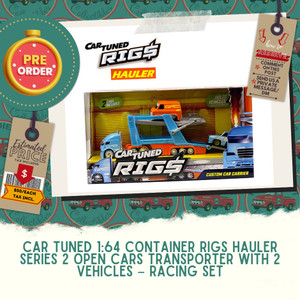 PREORDER: Car Tuned 1:64 Container Rigs Hauler Series 2 Open Cars Transporter with 2 Vehicles – Racing Set ETA EARLY SEPTEMBER 