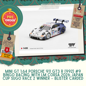 PREORDER: Mini GT 1:64 Porsche 911 GT3 R (992) #9 Bingo Racing with LM Corsa 2026 Japan Cup Sugo Race 2 Winner  - Blister Carded 