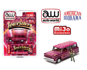 Auto World x American Diorama 1:64 1965 Chevrolet Suburban Lowrider With Figure Limited 3,600 Pieces – Pink – Mijo Exclusives