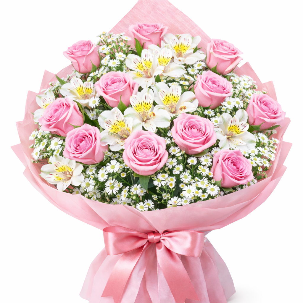 Dozen Roses & Peruvian lilies bouquet - BEST SELLER!