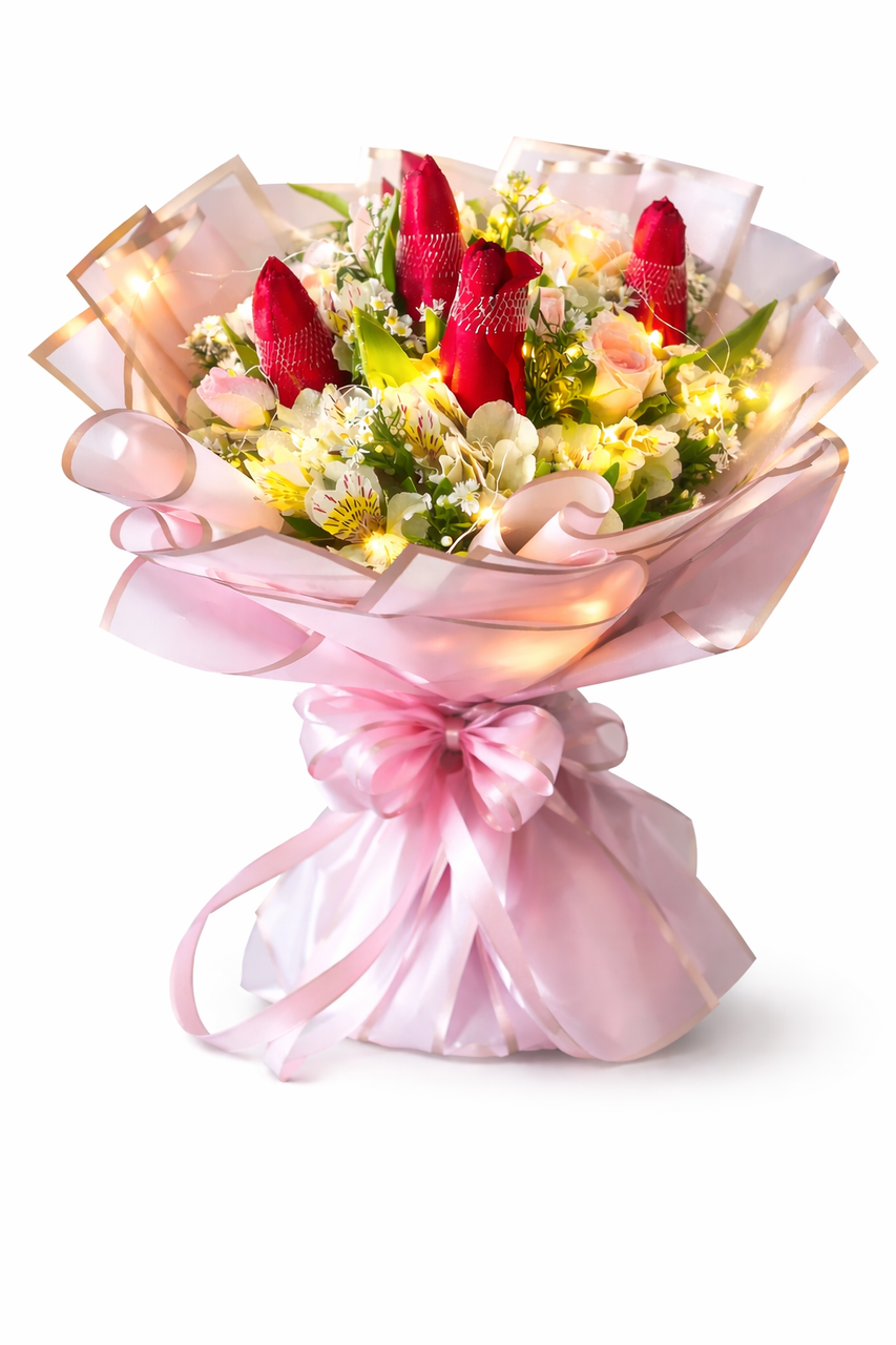 Fairy Lights Tulips, Roses & Lilies Bouquet