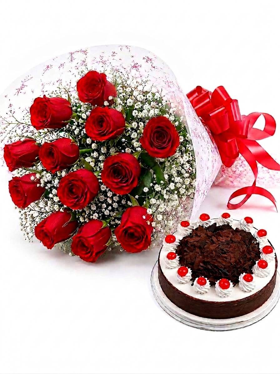 Dozen Roses & Black Forest Cake Package