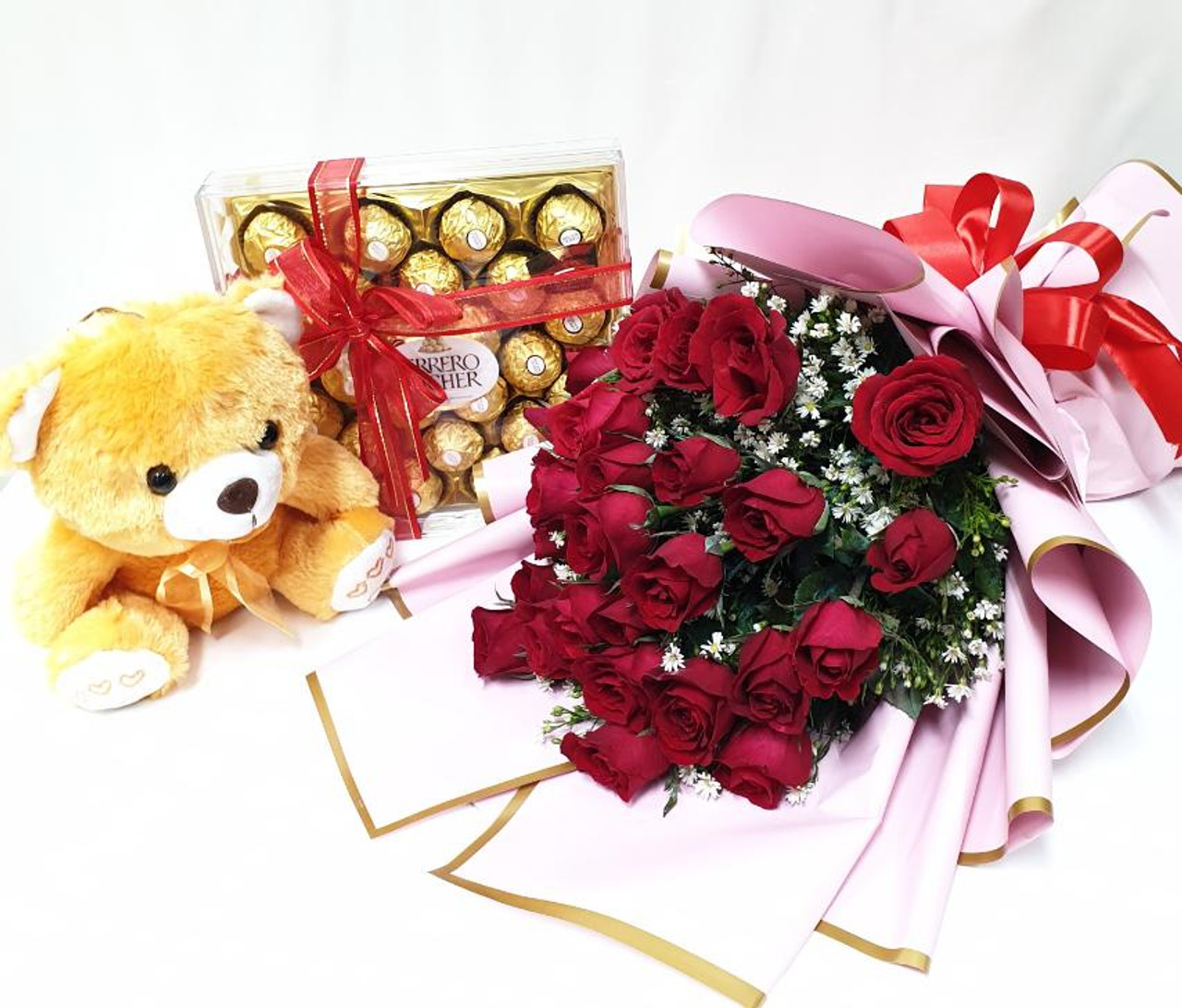 24 Roses, 24 Ferrero Box & Teddy Bear Package