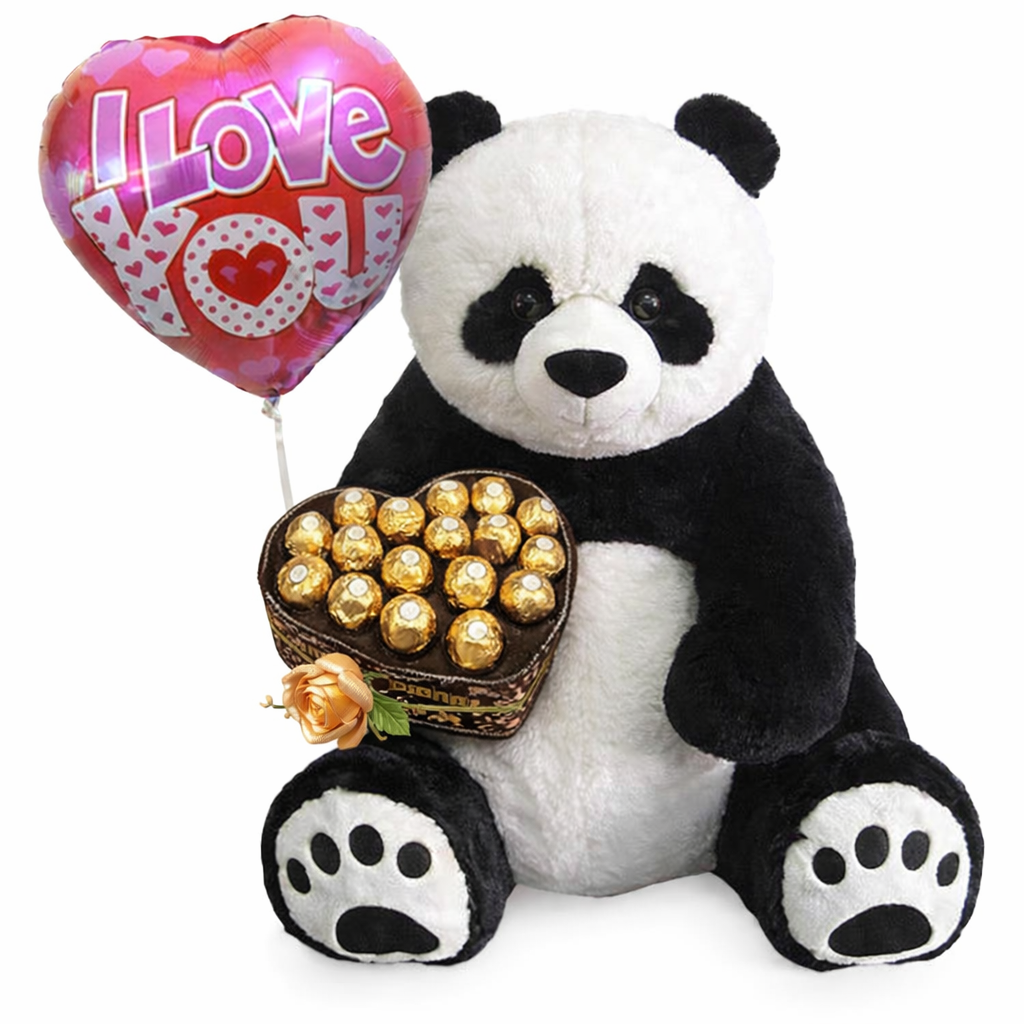 Human Size Panda Teddy (4 ft) Ferrero Love Box & Balloon