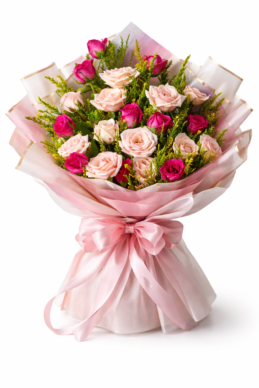 24 Fuchsia & Baby Pink Roses