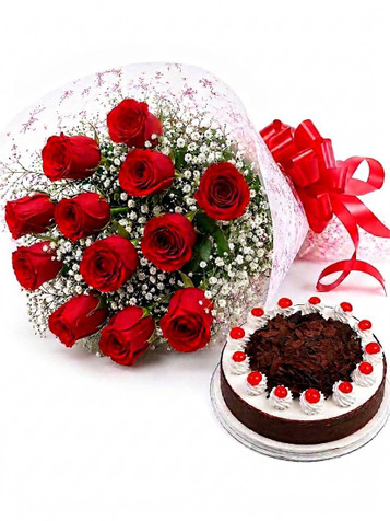 Dozen Roses & Black Forest Cake Package