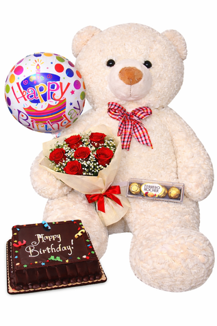 Human Size 4'6 ft. Happy Birthday Cream Teddy Bear Package
