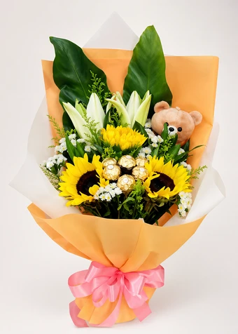 Sunflowers, Stargazer Lilies, Ferrero & Teddy Bouquet