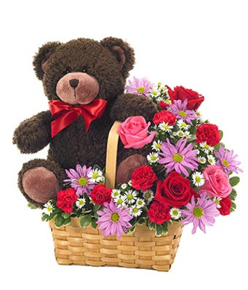 Carnations, Mums, Roses & Teddy Basket