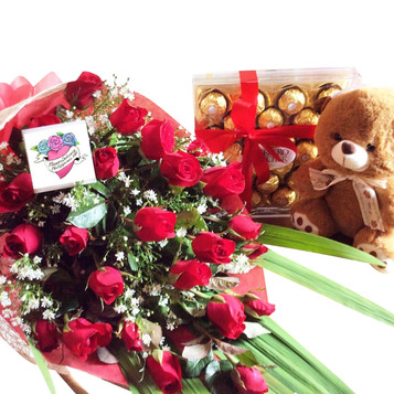 24 Roses, 24 Ferrero Box & Teddy Bear Package 24 Roses, 24 Ferrero Box & Teddy Bear Package