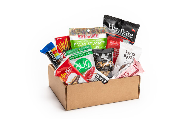 SNACK HEROS Small Snack Box.  Filled with sweet and savoury individual sized snacks. Vancouver Snack Delivery