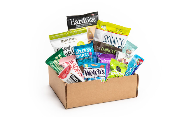 SNACK HEROS nut-free snack box.  Filled with sweet and savoury individual sized snacks.  Vancouver snack box delivery.
