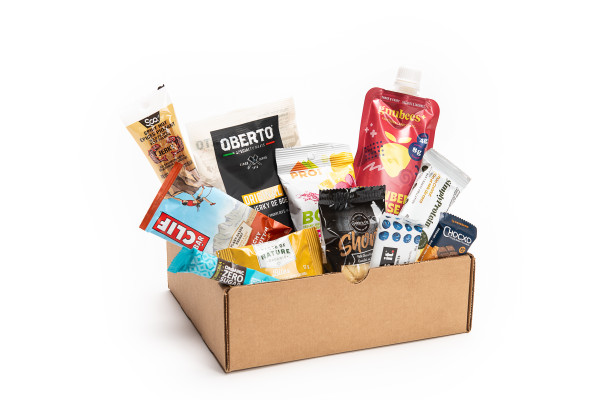SNACK HEROS outdoor energy snack box.  Filled with sweet and savoury individual sized snacks.  Vancouver snack box delivery.