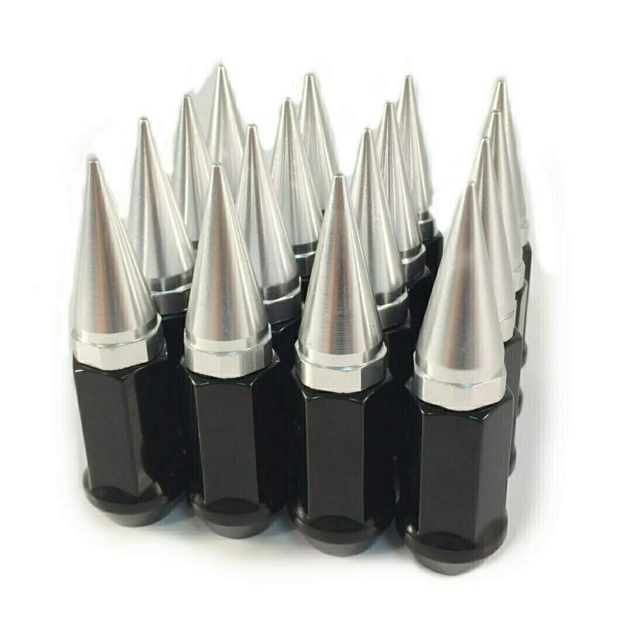 20 Pieces - 12x1.5 Black Silver Spike Lug Nuts 2-Piece Twist Off