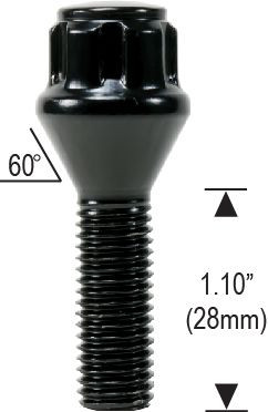 CONICAL SEAT BOLT LOCKS SET - BLACK - 12mm 1.25 with 1.10" (28mm) Thread Length