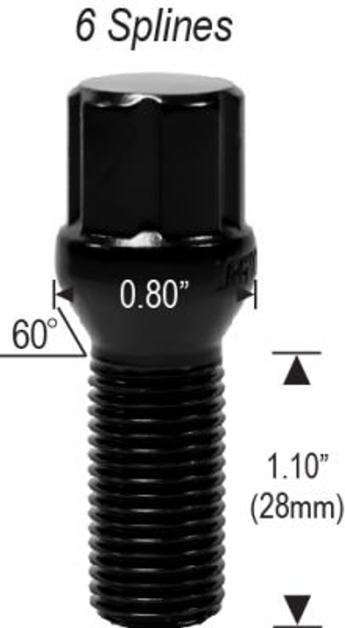 Spline Acorn Seat Lug Bolt 14mm 1.25 Threads Thread Length: 1.10" (28mm) [Black]