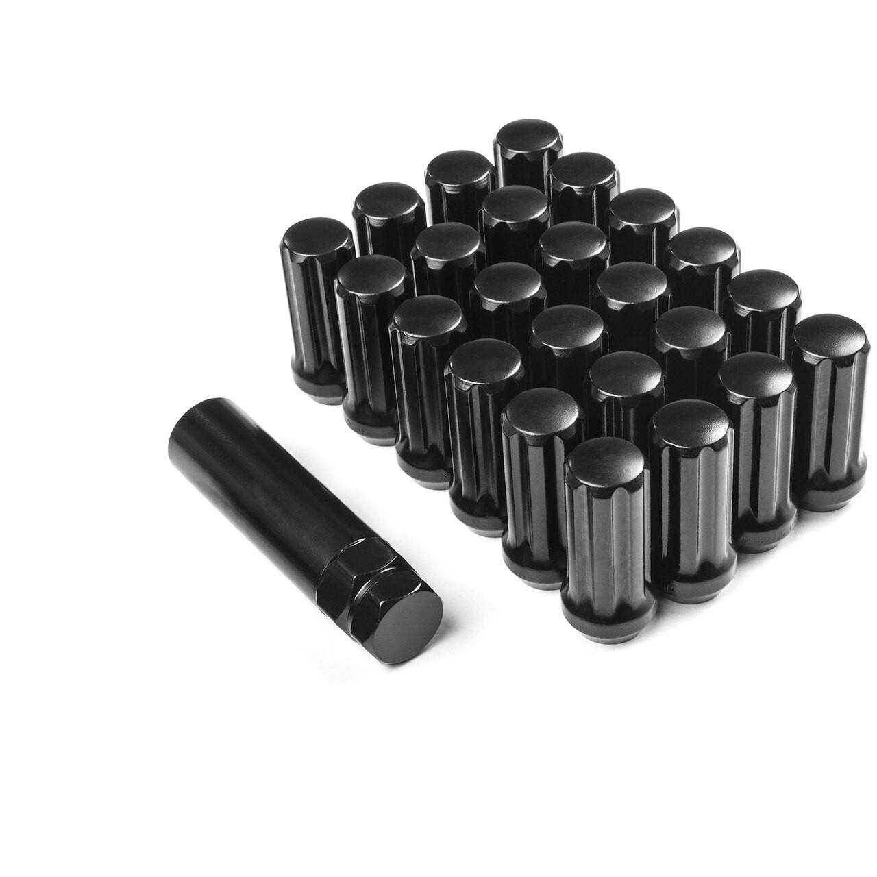 12x1.5 Black 7 Spline Tuner Lug Nuts - 24 Pieces - 2" Tall - Key Included