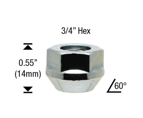 12x1.25 Chrome Bulge Acorn Open End Lug Nut Extra Short Length: 14mm Socket: 3/4"