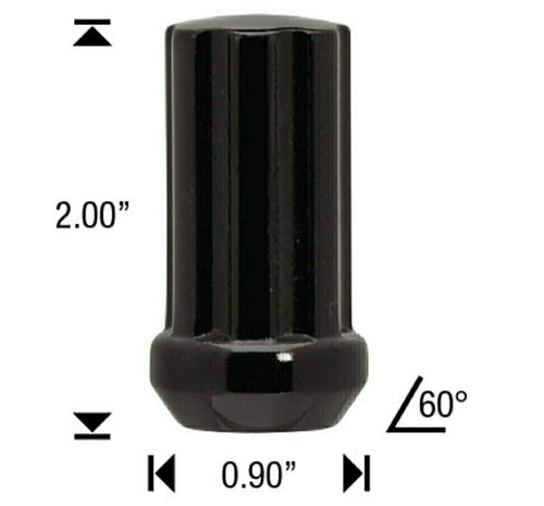 12x1.5 Black 7 Spline Tuner Lug Nuts - 32 Pieces - 2" Tall - Key Included - Install Kit