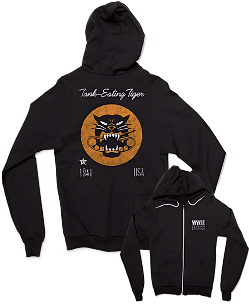 image of both the front and back of the National WWII museum exclusive Tank eating tiger full zip hoodie