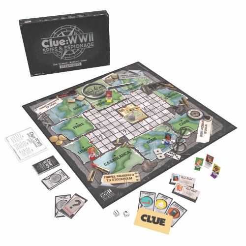 Set up image of WWII Clue Spies and Espionage Edition featuring the board and all pieces