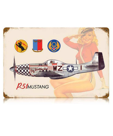 P-51 Mustang Pinup Salute Metal Sign 12in x 18in