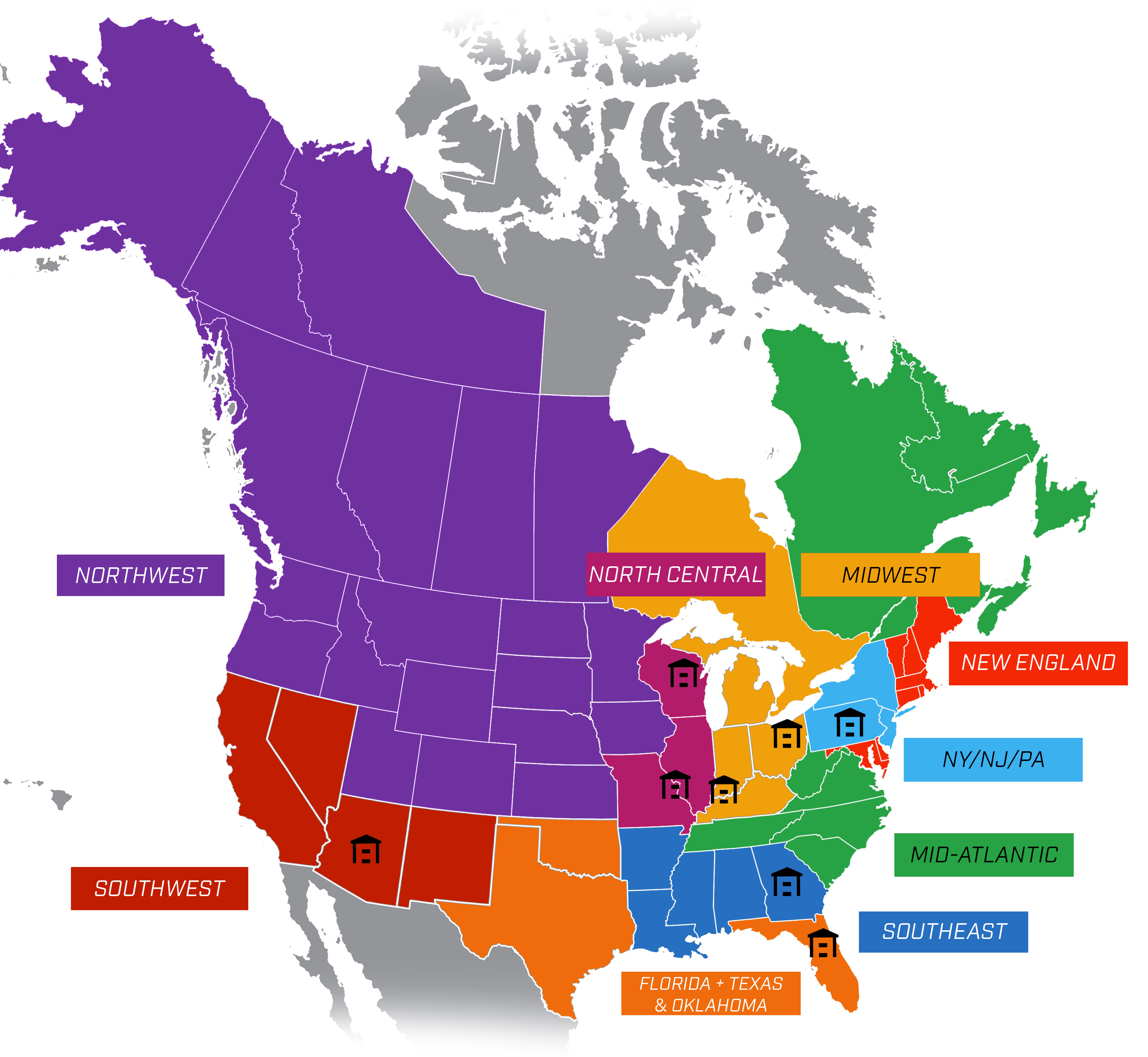 Map of the United States with sales reps by region