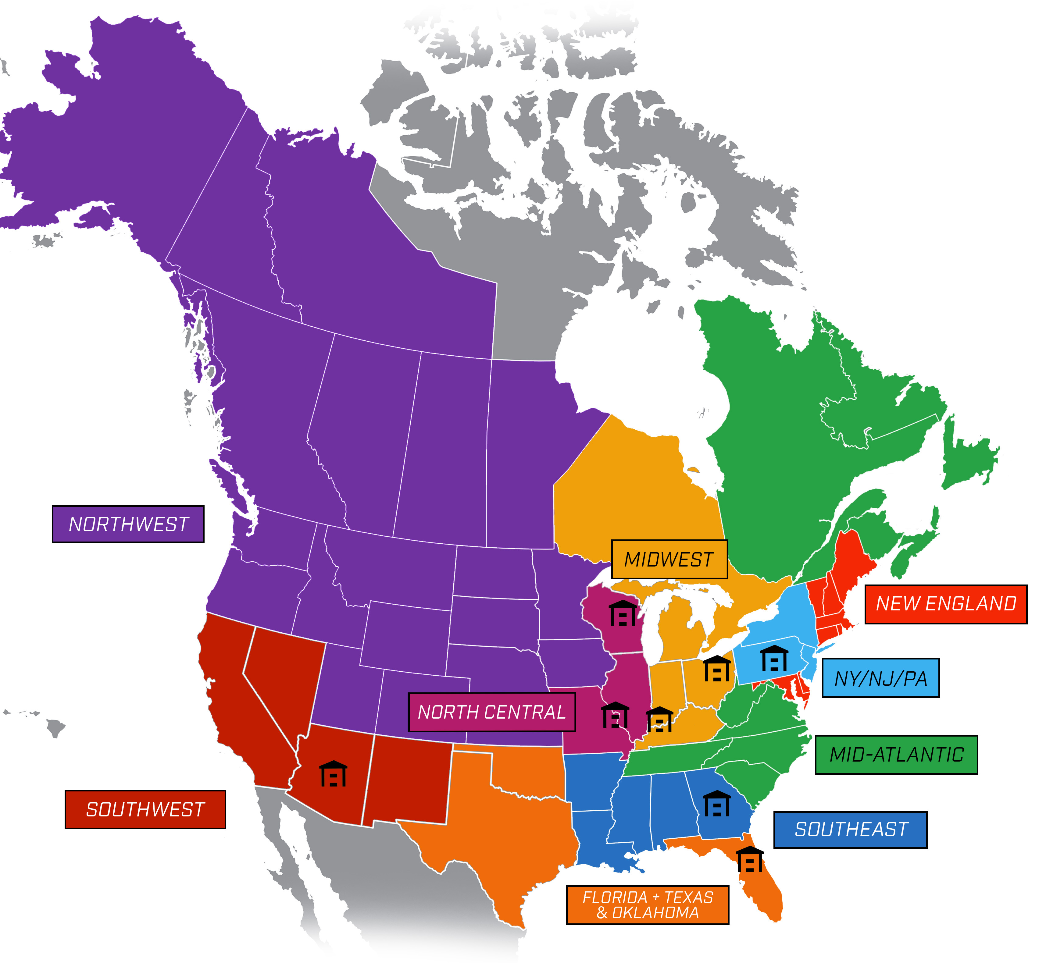 Map of the United States with sales reps by region