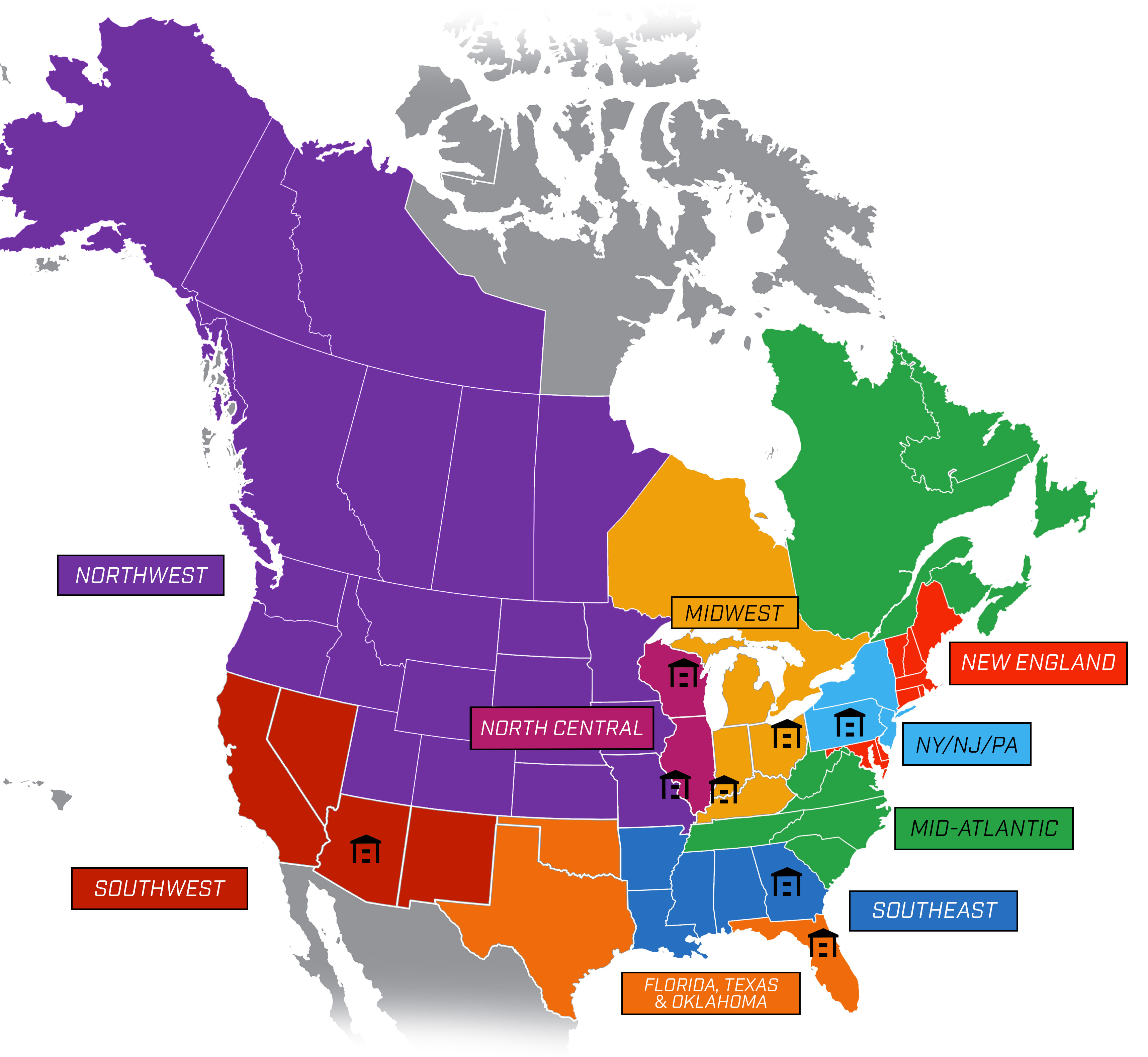 Map of the United States with sales reps by region