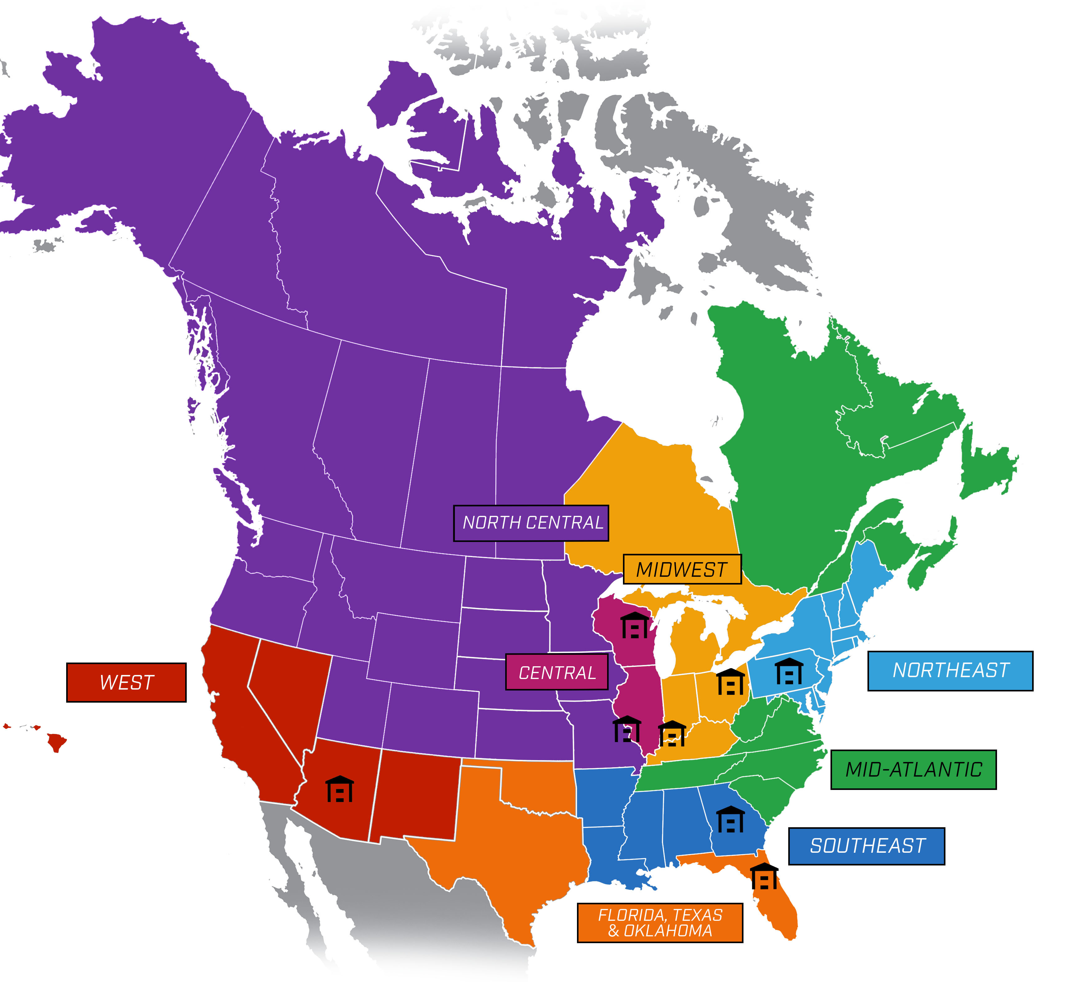 Map of the United States with sales reps by region