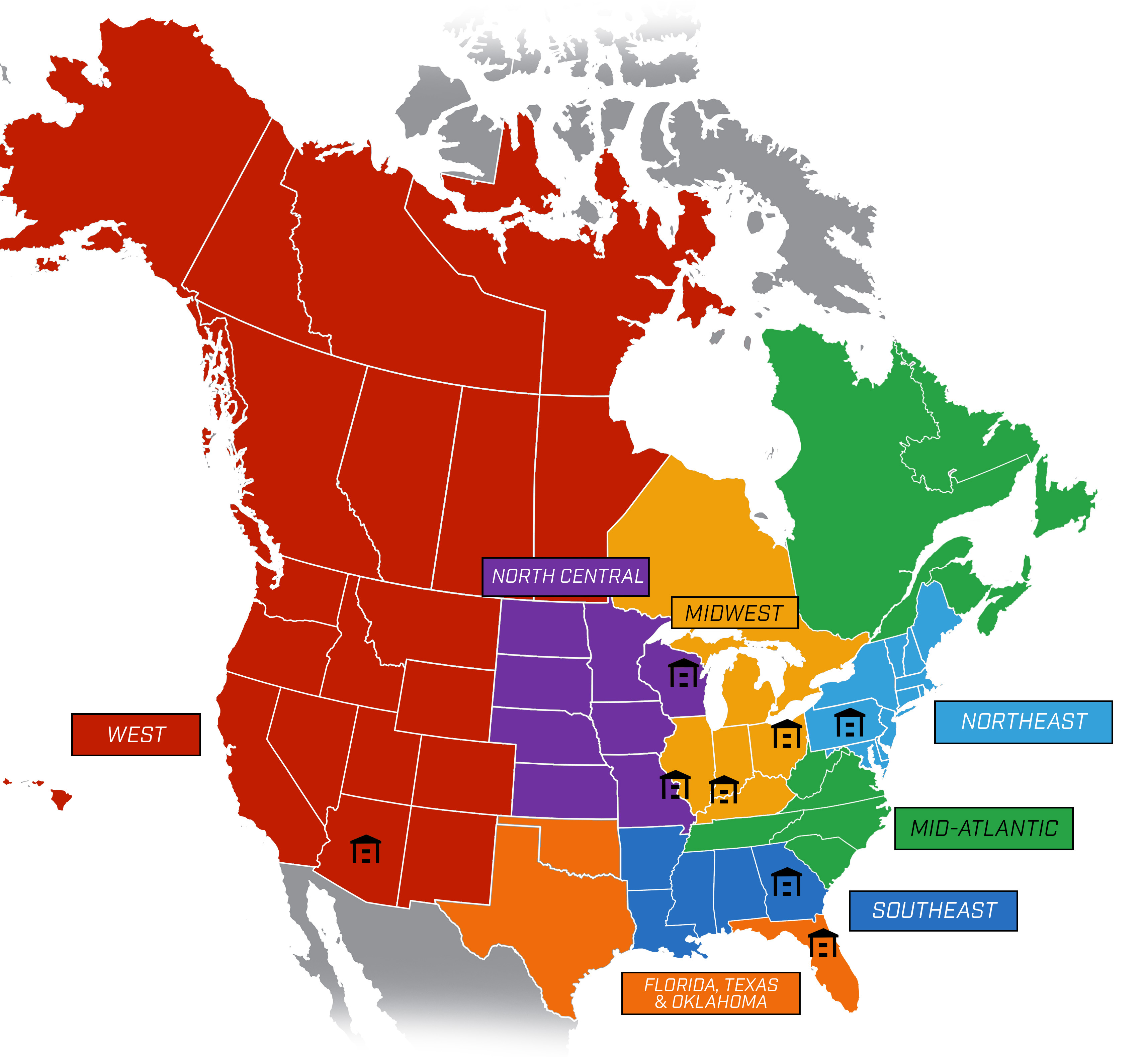 Map of the United States with sales reps by region