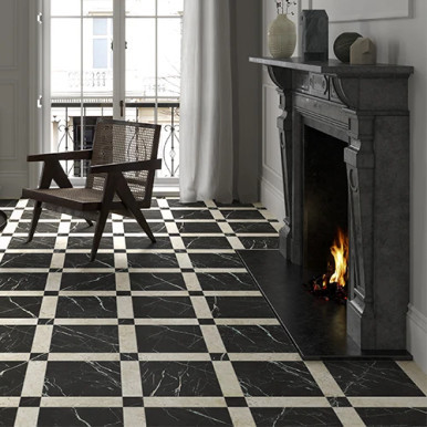 UNICOM - MARMOREA - NERO MARQUINIA 12X12 (WITH 3X3 NERO MARQUINA & CARRARA STRIPS)