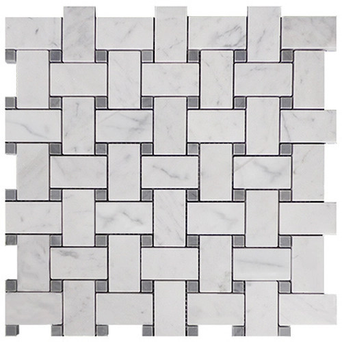 Carrara White Italian Marble Basketweave Mosaic Tile with Bardiglio Gray Dots Polished