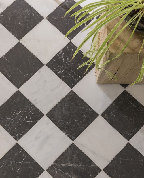 Ocean White Honed & Nero Marquina Honed Marble Checkerboard Pattern 12x12